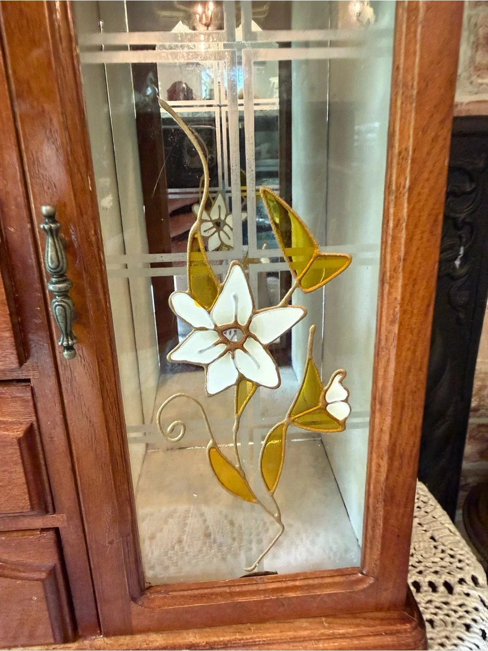 Vtg Wooden Jewelry Box Armoire Chest with Faux Stained Glass Door